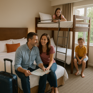Family smiling in a hotel room with bunk beds and luggage, showcasing family accommodation options.
