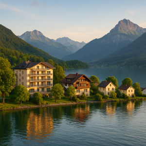 Scenic lakeside village with houses and mountains at sunset, illustrating water landscapes influencing travel accommodation c