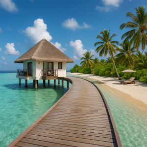 Overwater bungalow connected by wooden walkway with palm trees and blue sky, illustrating island accommodation tips.