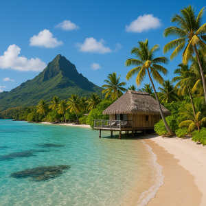 Tropical island beach with clear turquoise water, palm trees, a thatched-roof bungalow, and a mountain backdrop.