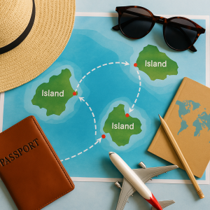 Travel essentials for island hopping: map with island routes, sunglasses, hat, passport, and toy airplane on a wooden surface