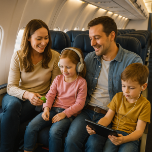 Happy family using a tablet and headphones to enjoy entertainment together on a long haul flight.