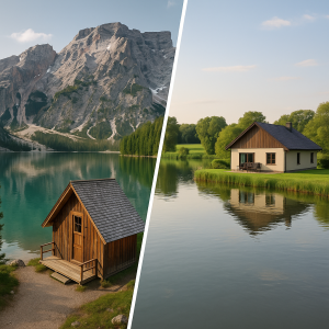 Scenic lakeside wooden cabins with mountain peaks in the background and countryside meadows nearby.