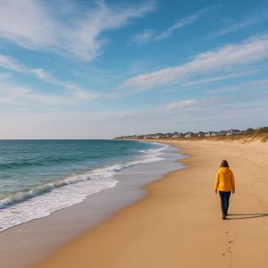 Person walking alone on a quiet sandy beach with calm waves and blue sky, ideal for off season beach holidays