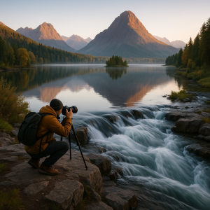 Photographer capturing a serene mountain landscape with a flowing river at sunrise for stunning scenic shots.