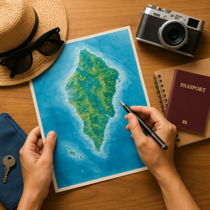 Flat lay of travel essentials for planning island holiday: map, camera, passport, sunglasses, and hat on wooden table.
