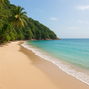 Secluded tropical beach with turquoise water, golden sand, and palm trees for quiet beach destinations and peaceful stays