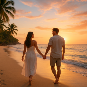 Couple holding hands walking along a tropical beach at sunset, ideal for romantic beach holidays and coastal getaways for cou
