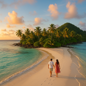 Couple walking hand-in-hand along a tropical island beach at sunset, with vibrant orange and pink skies.