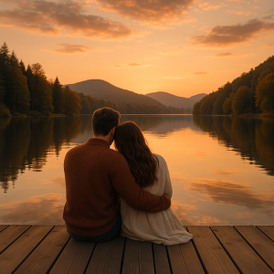 Couple embracing at a lakeside during a romantic sunset, surrounded by mountains and trees, perfect for quiet lake breaks.
