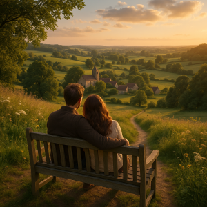 Couple sitting on a wooden bench, enjoying a romantic sunset over a quiet, scenic countryside village.