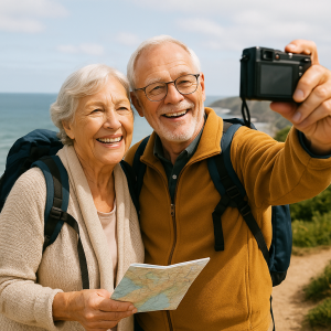 Happy senior couple hiking near the coast, taking a selfie with a map, enjoying senior budget travel outdoors.