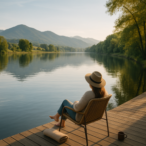 Woman sitting by a calm lake surrounded by mountains and trees, enjoying peaceful riverside relaxation.