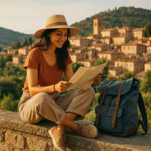 Young woman traveler with backpack studying a map in a scenic historic hillside town, illustrating slow travel and budget liv