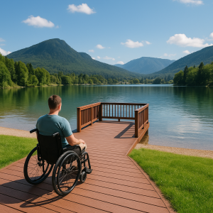 Man in wheelchair enjoying peaceful mountain lake view from wooden dock, highlighting accessible travel lakes for easy stays.