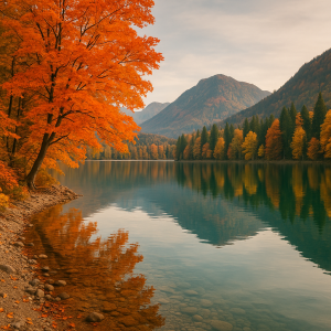 Vibrant orange autumn trees reflecting on a calm mountain lake, perfect for scenic autumn lake travel breaks.
