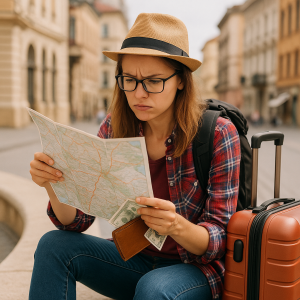 Young female traveler looking confused while reading a map in a city, illustrating budget travel mistakes.