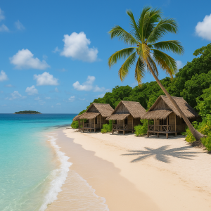 Tropical beach with palm trees, thatched huts, and clear turquoise water on a budget-friendly island getaway.