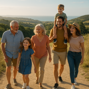 Multi-generational family walking outdoors on a sunny day, smiling and enjoying nature together.