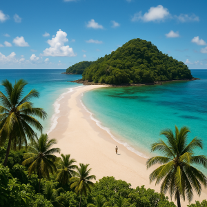 Tropical digital detox island with sandy beach, turquoise waters, and palm trees under a clear blue sky.