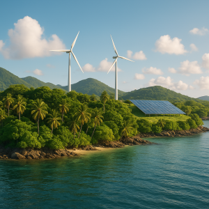 Tropical eco island with wind turbines and solar panels highlighting sustainable renewable energy.