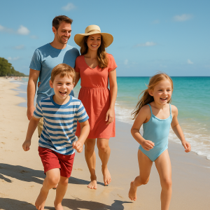 Happy family running and playing together on a sunny, sandy beach with calm ocean waves in the background.