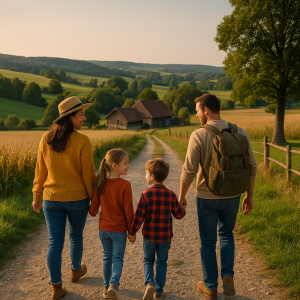 Family hiking together on a scenic countryside trail at sunset, enjoying a peaceful rural break.