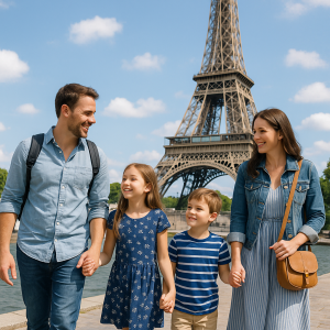Happy family of four sightseeing near the Eiffel Tower in Paris on their first family trip abroad.