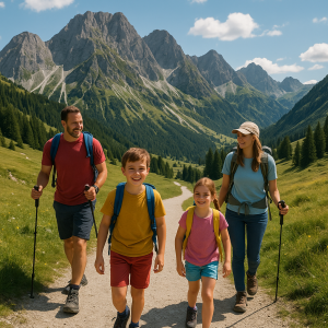 Family hiking on a scenic mountain trail surrounded by lush greenery under clear blue skies.