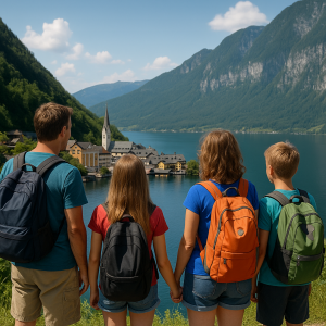 Family hiking with backpacks overlooking a scenic lake and mountain village, ideal for travel with teenagers.
