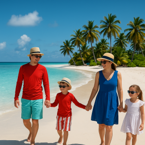 Family enjoying a sunny tropical beach with palm trees and clear blue water, ideal for island travel with kids.