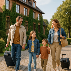 Happy family of four walking with luggage outside an ivy-covered building on a sunny day, enjoying a short break.