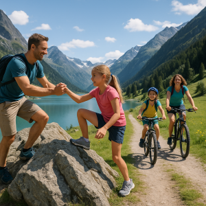Family hiking and biking together in a scenic mountain landscape for active family holidays.
