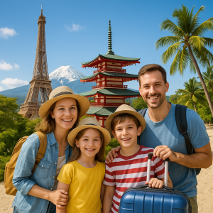 Happy family of four sightseeing with Eiffel Tower, Japanese pagoda, and palm trees representing top global family travel des