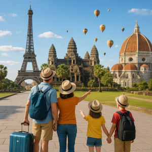 Family with luggage exploring global landmarks like Eiffel Tower, Angkor Wat, Florence Cathedral with hot air balloons overhe