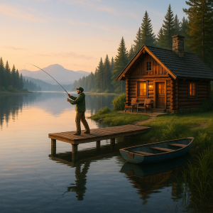 Lakeside cabin at sunset with a fisherman on dock, surrounded by pine trees and mountains, ideal for fishing trips.