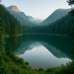 Serene mountain lake surrounded by dense pine forest and misty peaks, perfect for peaceful travel destinations.