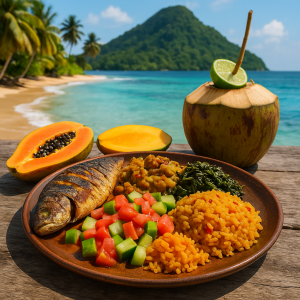 Tropical beachside meal with grilled fish, rice, fresh vegetables, tropical fruits, and a coconut drink.