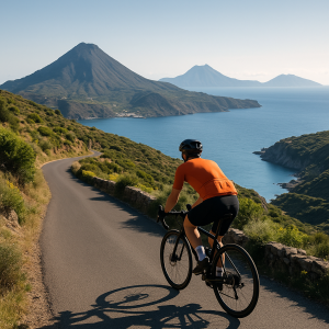 Cyclist rides along a coastal road with mountains and ocean in the background on a sunny day.