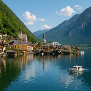 Scenic lakeside village with colorful houses, mountains in the background, and a boat on calm water.