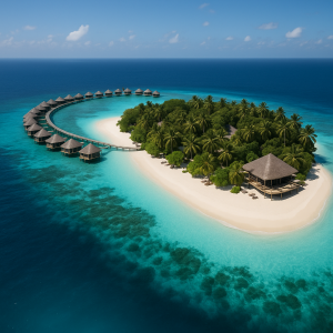 Aerial view of a tropical luxury island resort with overwater bungalows surrounded by clear blue ocean.