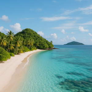 Tropical beach on a quiet island with clear turquoise water, white sand, and lush palm trees under a blue sky.