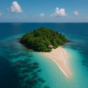 Aerial view of a remote tropical island with lush greenery, white sandy beaches, and clear turquoise waters.