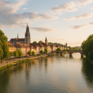 Scenic view of historic Regensburg with stone bridge over the Danube River at sunset, showcasing natural and urban charm.