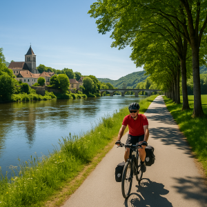 Cyclist riding along a scenic riverside bike path with lush trees and a historic village in the background.