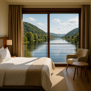 Cozy riverside hotel room with large windows overlooking a scenic river and lush forest, ideal for river holidays.