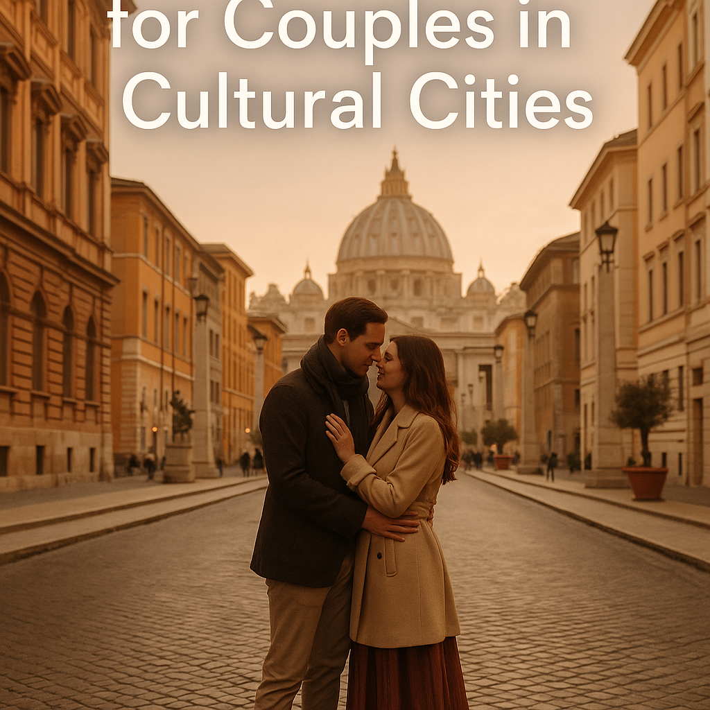 Romantic couple embracing on a historic cobblestone street with cultural landmarks in the background at sunset.
