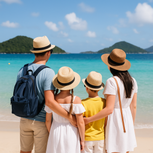 Family of four in hats enjoying a safe, relaxed tropical beach with clear blue water and green islands.