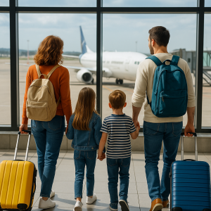 Family of four with luggage waiting at airport terminal window, ready for school holiday travel in 2024.