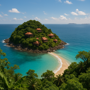 Tropical island resort with beachfront villas, clear blue ocean, and lush greenery showcasing a stunning sea view island stay